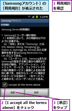 1 利用規約を確認  ,2［I accept all the terms above］をチェック        ,3［承認］をタップ,［Samsungアカウント］の［利用規約］が表示された
