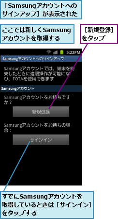 ここでは新しくSamsung   アカウントを取得する,すでにSamsungアカウントを   取得しているときは［サインイン］をタップする,［Samsungアカウントへの      サインアップ］が表示された  ,［新規登録］をタップ 