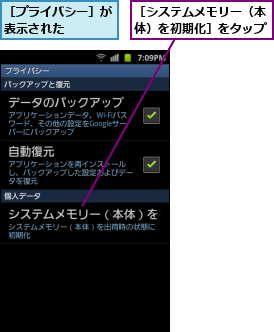 ［システムメモリー（本体）を初期化］をタップ,［プライバシー］が表示された   