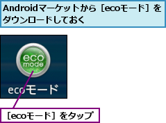 Androidマーケットから［ecoモード］をダウンロードしておく　 ,［ecoモード］をタップ