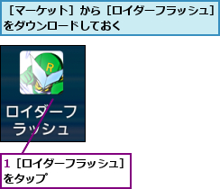 1［ロイダーフラッシュ］をタップ        ,［マーケット］から［ロイダーフラッシュ］をダウンロードしておく        