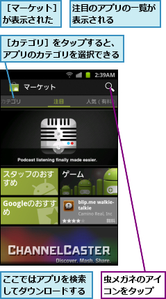ここではアプリを検索してダウンロードする,注目のアプリの一覧が表示される　　　　　,虫メガネのアイコンをタップ,［カテゴリ］をタップすると、アプリのカテゴリを選択できる,［マーケット］が表示された