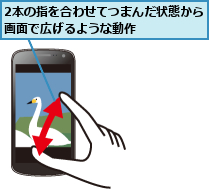 2本の指を合わせてつまんだ状態から画面で広げるような動作      