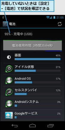 充電していないときは［設定］-［電池］で状況を確認できる