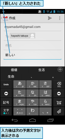 「新しい」と入力された,入力後は次の予測文字が表示される　　　　　　