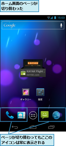 ページが切り替わってもここのアイコンは常に表示される　　,ホーム画面のページが切り替わった　　　　