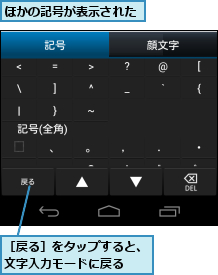 ほかの記号が表示された,［戻る］をタップすると、文字入力モードに戻る　　