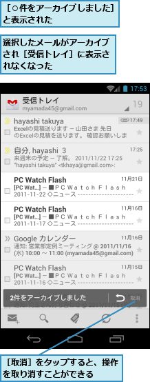 選択したメールがアーカイブされ［受信トレイ］に表示されなくなった,［○件をアーカイブしました］と表示された　　　　　　　,［取消］をタップすると、操作を取り消すことができる　　