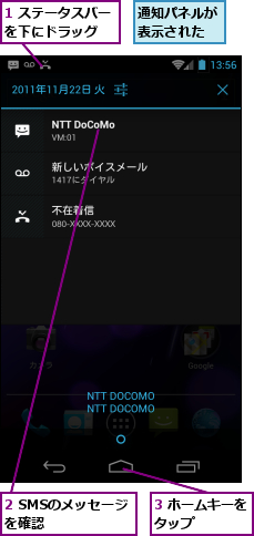 1 ステータスバーを下にドラッグ  ,2 SMSのメッセージを確認      ,3 ホームキーをタップ    ,通知パネルが表示された