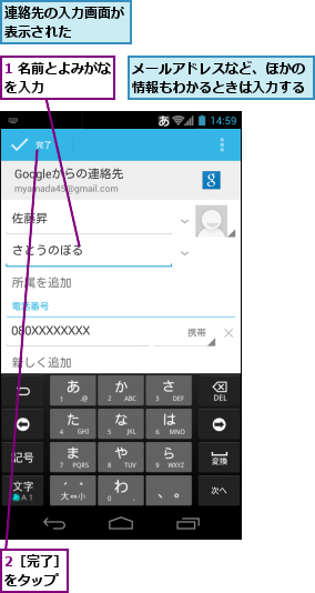 1 名前とよみがなを入力　　　　　,2［完了］をタップ,メールアドレスなど、ほかの情報もわかるときは入力する,連絡先の入力画面が表示された　　　　