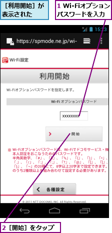 1 Wi-Fiオプションパスワードを入力,2［開始］をタップ,［利用開始］が表示された  