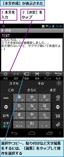 1 本文を入力　　,選択やコピー、貼り付けなど文字編集をするには、［編集］をタップして操作を選択する,２［決定］をタップ　　,［本文作成］が表示された