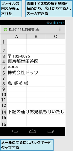 ファイルの内容が表示された　　,メールに戻るにはバックキーをタップする　　　　　　　　,画面上で2本の指で間隔を　挟めたり、広げたりすると、ズームできる　