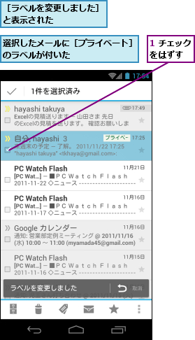 1 チェックをはずす ,選択したメールに［プライベート］のラベルが付いた　　　　　　　,［ラベルを変更しました］と表示された     