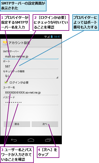 1 プロバイダーが指定するSMTPサ　ーバー名を入力,3 ユーザー名とパスワードが入力されて　いることを確認,4［次へ］をタップ　　,SMTPサーバーの設定画面が表示された　　　　　　,プロバイダーによってはポート番号も入力する,２［ログインが必要］にチェックが付いていることを確認