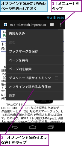 1［メニュー］をタップ　　　　,2［オフラインで読めるよう保存］をタップ　　　　　　,オフラインで読みたいWebページを表示しておく