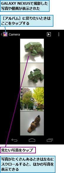 GALAXY NEXUSで撮影した　　写真や動画が表示された,写真がたくさんあるときは左右にスクロールすると、ほかの写真を表示できる,見たい写真をタップ,［アルバム］に戻りたいときはここをタップする　　　　　　