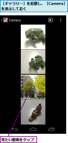 見たい動画をタップ,［ギャラリー］を起動し、［Camera］を表示しておく　　　　　　　　