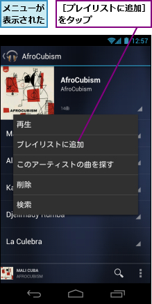 メニューが表示された,［プレイリストに追加］をタップ　　　　　　