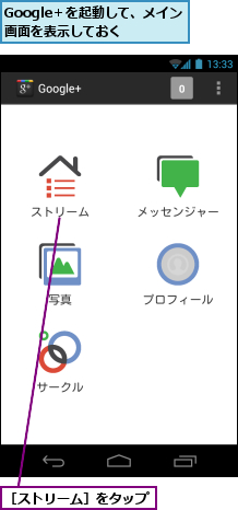Google＋を起動して、メイン画面を表示しておく,［ストリーム］をタップ　　　