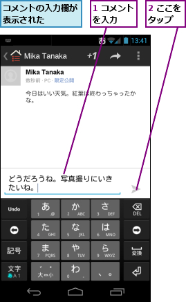 1 コメントを入力　　,2 ここをタップ　　,コメントの入力欄が表示された　　　