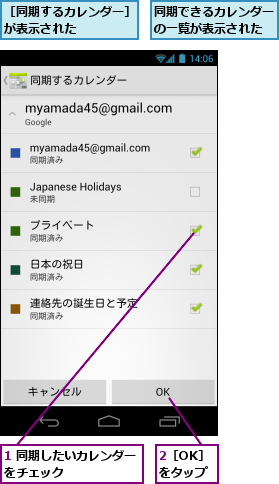 1 同期したいカレンダーをチェック　　　　　　,2［OK］  をタップ,同期できるカレンダーの一覧が表示された,［同期するカレンダー］が表示された　　　　