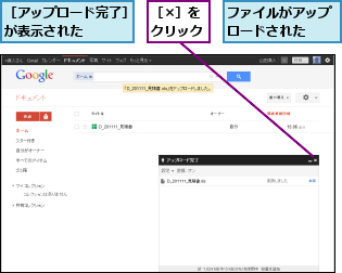 ファイルがアップロードされた　　,［×］をクリック,［アップロード完了］が表示された　　　