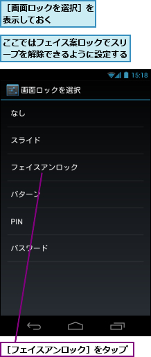 ここではフェイス案ロックでスリープを解除できるように設定する,［フェイスアンロック］をタップ,［画面ロックを選択］を表示しておく　　　　　