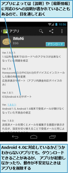 Android 4.0に対応しているかどうかわからないアプリでも、ダウンロード できることがあるが、 アプリが起動しなかったり、動作が不安定なときは  アプリを削除する,アプリによっては［説明］や［最新情報］に対応OSへの説明が書かれていることも　あるので、目を通しておく