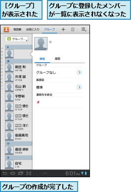 グループに登録したメンバーが一覧に表示されなくなった,グループの作成が完了した,［グループ］が表示された