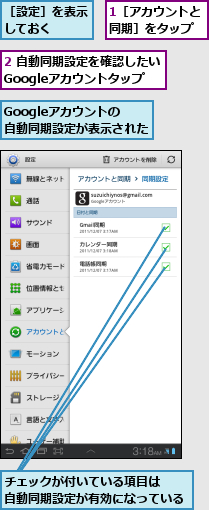 1［アカウントと同期］をタップ,2 自動同期設定を確認したいGoogleアカウントタップ,Googleアカウントの　　　　自動同期設定が表示された,チェックが付いている項目は　　自動同期設定が有効になっている,［設定］を表示しておく  