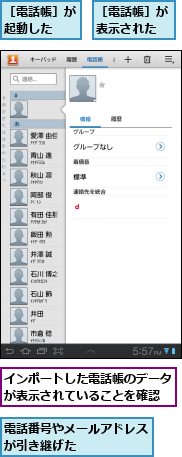 インポートした電話帳のデータが表示されていることを確認,電話番号やメールアドレスが引き継げた　　　　　　,［電話帳］が表示された,［電話帳］が起動した　