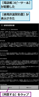 ［使用許諾契約書］が表示された  　　,［同意する］をタップ,［電話帳コピーツール］が起動した      