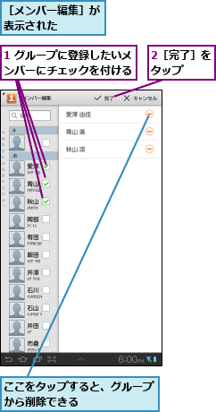 1 グループに登録したいメ　　　　　ンバーにチェックを付ける      ,2［完了］をタップ  ,ここをタップすると、グループから削除できる      ,［メンバー編集］が表示された  　　