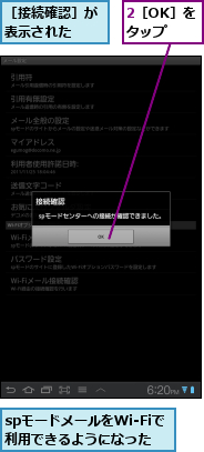 2［OK］をタップ,spモードメールをWi-Fiで利用できるようになった,［接続確認］が表示された　　