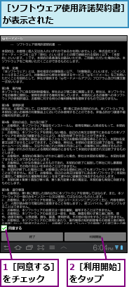 1［同意する］をチェック  ,2［利用開始］をタップ  ,［ソフトウェア使用許諾契約書］が表示された　　　　　　　　