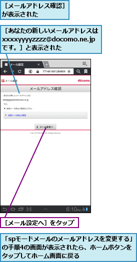 「spモードメールのメールアドレスを変更する」の手順4の画面が表示されたら、ホームボタンをタップしてホーム画面に戻る 　 ,［あなたの新しいメールアドレスはxxxxyyyyzzzz@docomo.ne.jpです。］と表示された,［メールアドレス確認］が表示された    ,［メール設定へ］をタップ