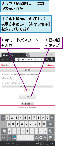 1 spモードパスワードを入力　　　　　　　,2［決定］をタップ　,ブラウザが起動し、［認証］が表示された　　　　　　,［チルト操作について］が　　表示されたら、［キャンセル］をタップしておく