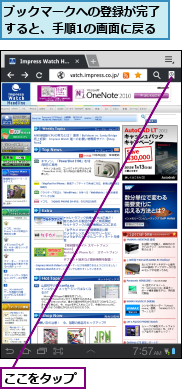 ここをタップ,ブックマークへの登録が完了すると、手順1の画面に戻る