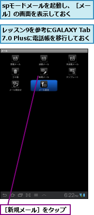 spモードメールを起動し、［メール］の画面を表示しておく　,レッスン9を参考にGALAXY Tab 7.0 Plusに電話帳を移行しておく,［新規メール］をタップ