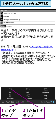 1 ここをタップ　　,2［返信］をタップ　　,［受信メール］が表示された