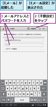 1 メールアドレスとパスワードを入力  ,2［手動設定］をタップ  ,［Eメール設定］が表示された    ,［Eメール］が起動した　　