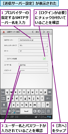 1 プロバイダーの指定するSMTPサ ーバー名を入力,2［ログインが必要］にチェックが付いて いることを確認    ,3 ユーザー名とパスワードが入力されていることを確認  ,4［次へ］をタップ ,［送信サーバー設定］が表示された    