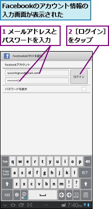 1 メールアドレスとパスワードを入力　　,2［ログイン］をタップ   ,Facebookのアカウント情報の入力画面が表示された