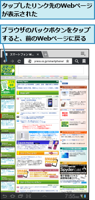 タップしたリンク先のWebページが表示された　　　　　　　　,ブラウザのバックボタンをタップすると、前のWebページに戻る