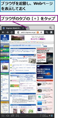 ブラウザのタブの［＋］をタップ,ブラウザを起動し、Webページを表示しておく　　　　　　