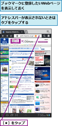 アドレスバーが表示されないときはタブをタップする　　　　　  ,ブックマークに登録したいWebページを表示しておく　　　　　　　　,［★］をタップ