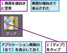 1 画面を横向きに変更　　　　,2［マップ］をタップ　　,アプリケーション画面の［全て］を表示しておく,画面が横向きで表示された　　