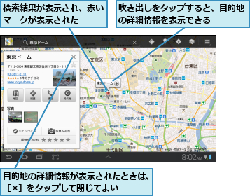 吹き出しをタップすると、目的地の詳細情報を表示できる　　　,検索結果が表示され、赤いマークが表示された　　,目的地の詳細情報が表示されたときは、［×］をタップして閉じてよい　　　