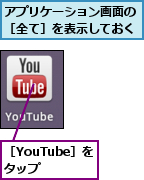 アプリケーション画面の［全て］を表示しておく,［YouTube］をタップ